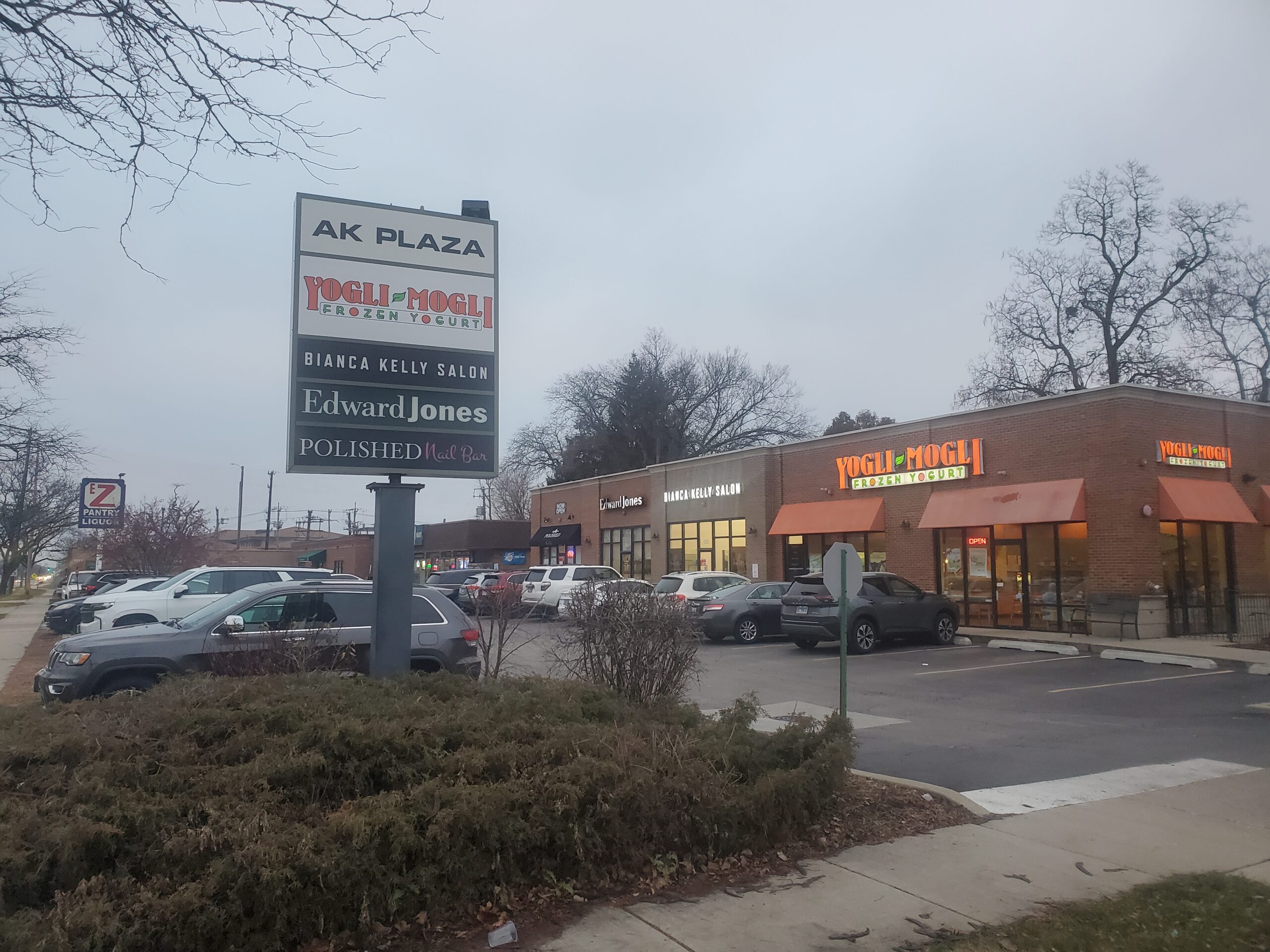 a view of the AK plaza from the sidewalk that looks at the businesses and parking spots