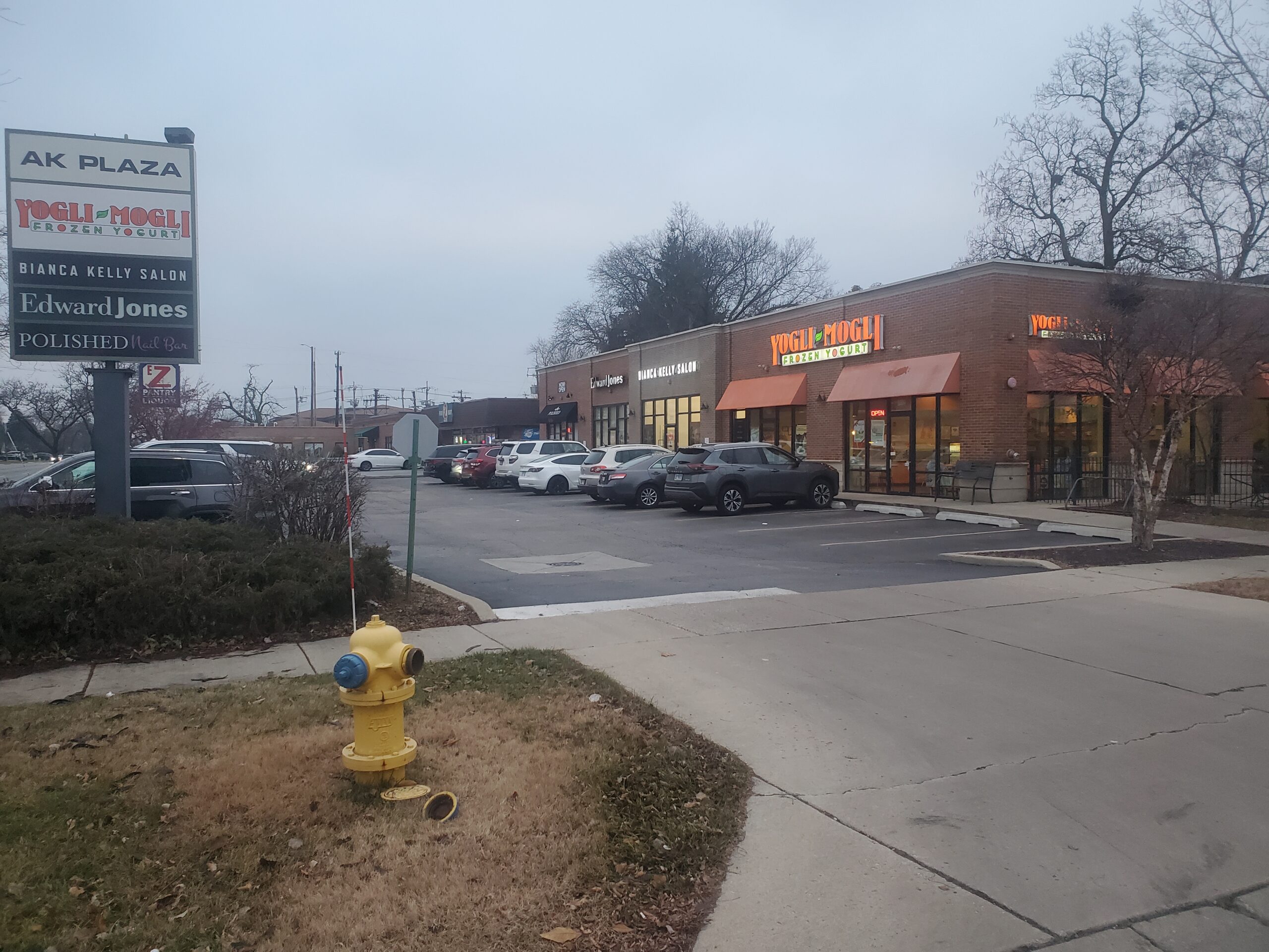 a view of the AK plaza from its street entrance looking at various businesses and parking spots